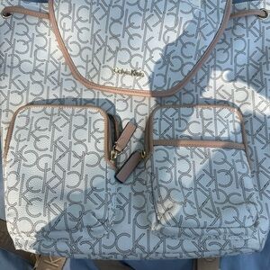 Calvin Klein White and Tan Backpack with Signature Monogram